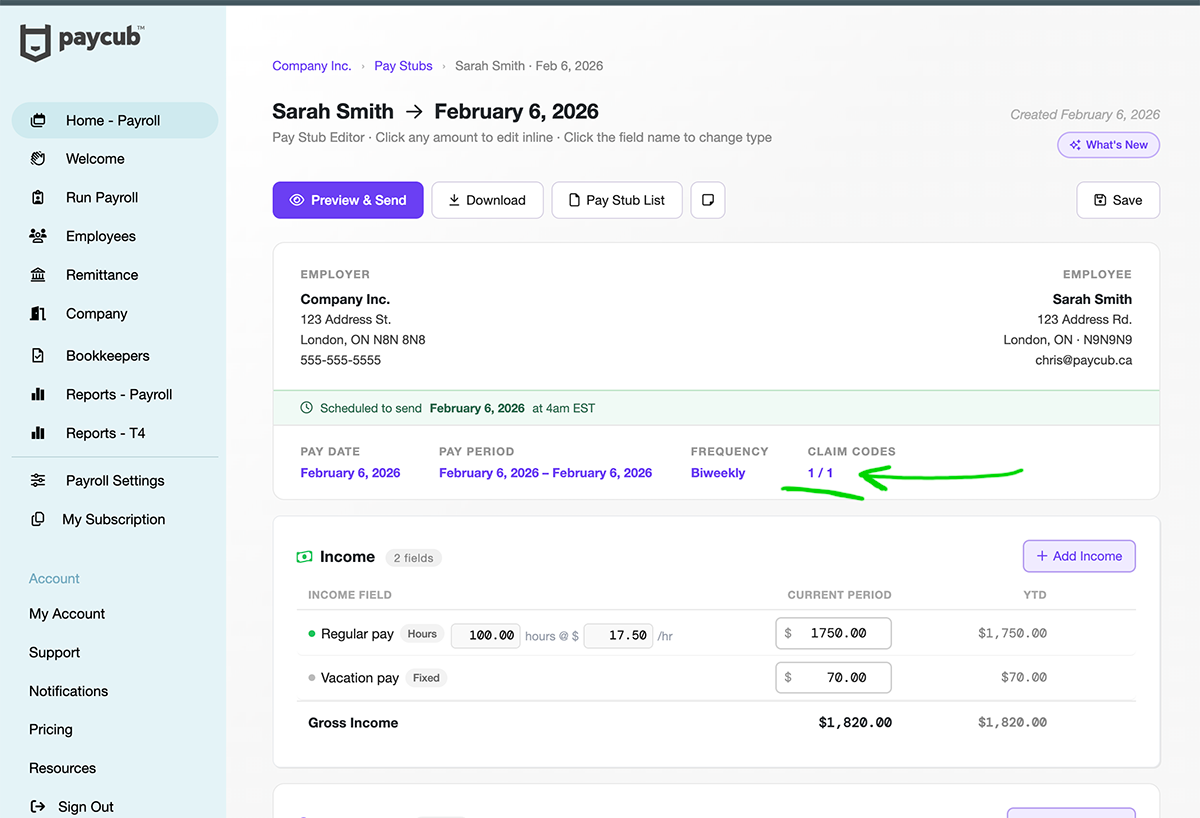 PayCub pay stub editor with the Claim Codes field (1 / 1) highlighted in the pay period row