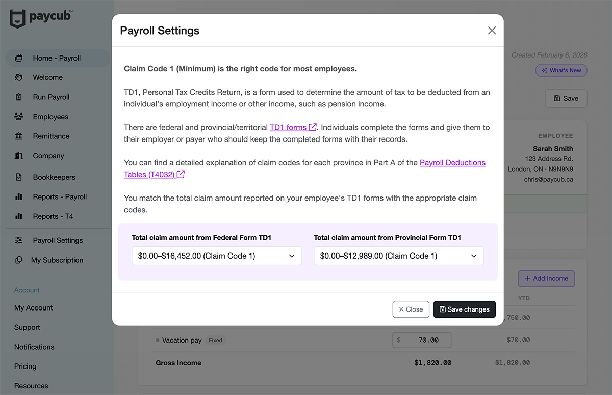 PayCub Payroll Settings modal explaining Claim Code 1 (Minimum) and showing federal and provincial claim code select lists